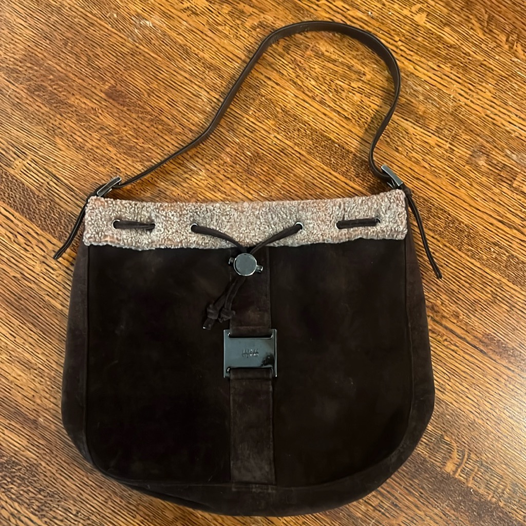 Stuart Weitzman Brown Suede + Tan Shearling Trimmed Shoulder Bag Purse Handbag